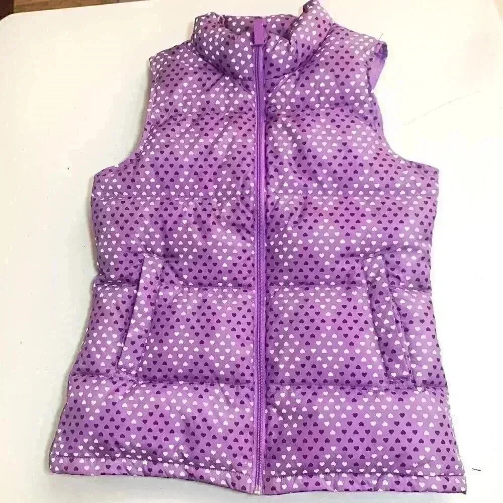 LANDS END KIDS DOWN FILLED PUFFER VEST YOUTH SIZE L 14 PURPLE  and WHITE HEARTS